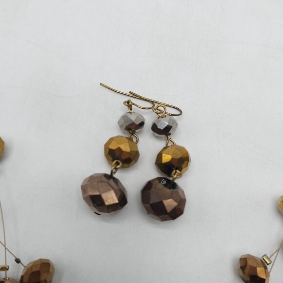 Gold Bronze Multi Strand Bead Necklace Matching Earrings Stretch Bracelet - Picture 3 of 8